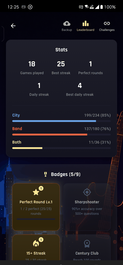 Bandston badge grid showing unlockable, levelable badges