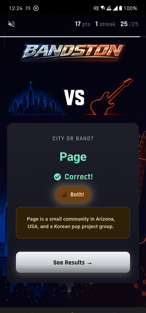 Bandston's reveal screen for a Both answer, with a gold glow and the real fact