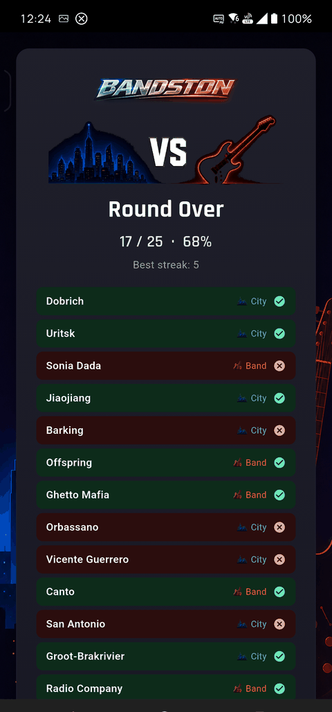 Round summary with score and history