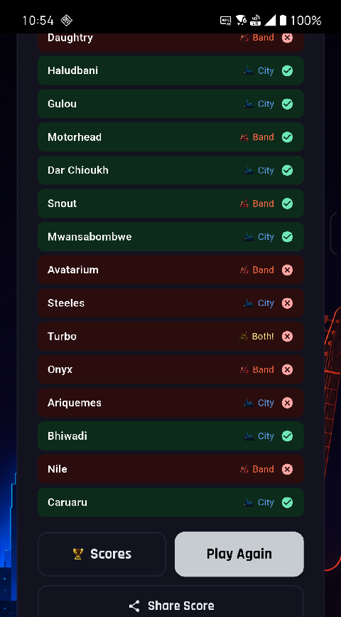 Bandston results screen with the Share Score button